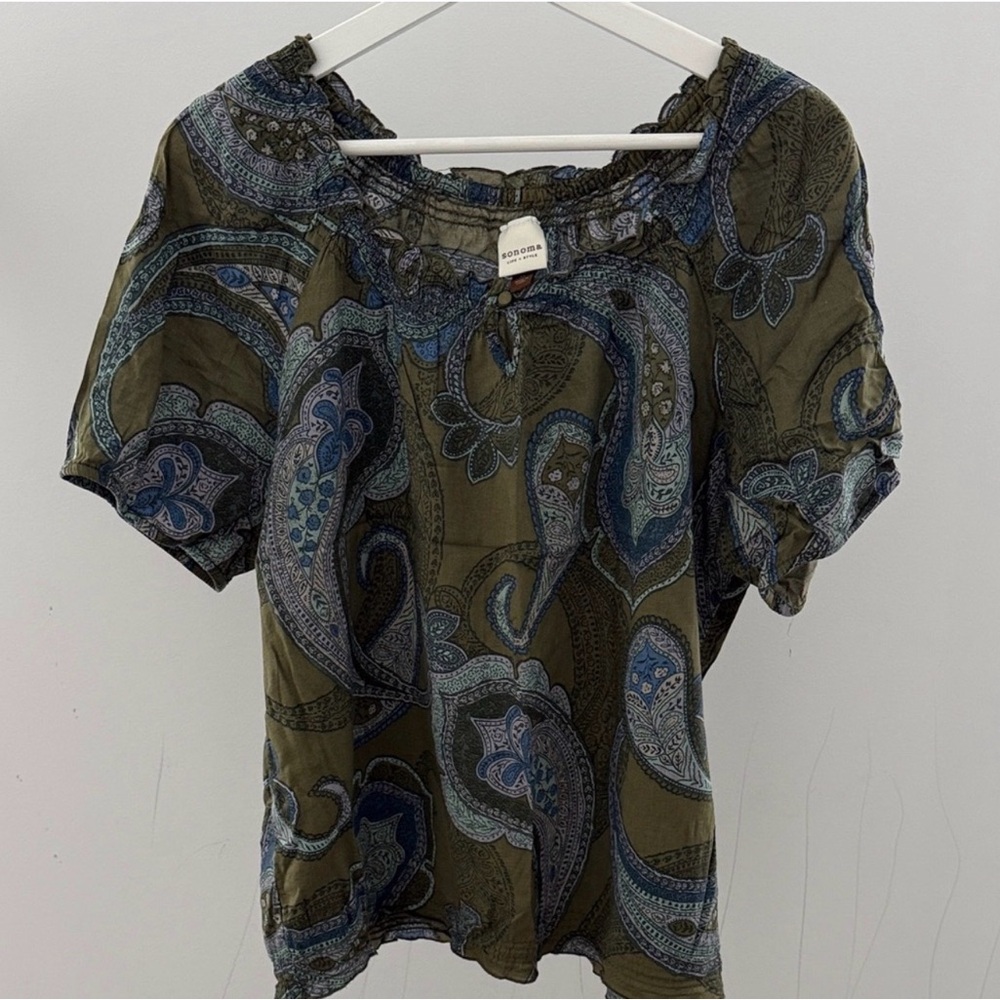 Sonoma Olive Green Paisley Short Sleeve peasant Blouse with Blue